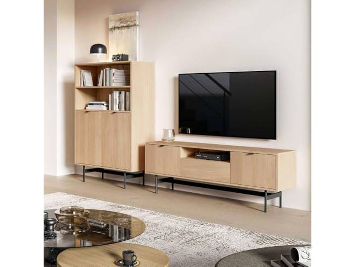 Lomadox Wohnzimmer-Set 2-teilig in Eiche mit schwarzem Fußgestellen inkl. Highboard & Lowboard