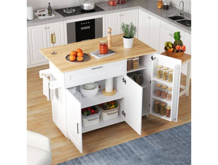 Îlot de Cuisine Mobile 132 5 cm avec Table Pliante Tiroirs Rangements et Roulettes Verrouillables Desserte de Cuisine Blanc
