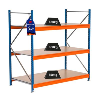 PROREGAL Industrie Schwerlastregal MAXIMUS PRO, Grundregal, HxBxT 200x150x100cm, 3 Ebenen, Spanplatten-Fachboden, Fachlast 850 kg, Blau/Orange