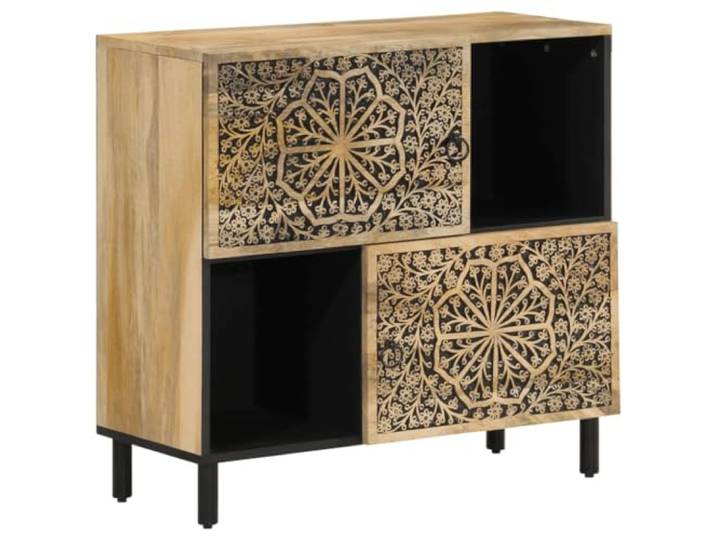 Fisinber Beistellschrank Massivholz Mango Retro Kommode 80x33x75 cm Handgeschnitztes Blumenmuster bringt Retro-Flair ins Wohnzimmer. Mit stabilem Eisengestell und viel Stauraum.
