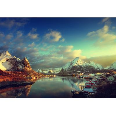 Fototapete PAPERMOON "LOFOTEN-INSELN-SEE GEBIRGE BERGE ALPEN SONNE DORF MEER", bunt, B:5m L:2,8m, Vlies, Tapeten