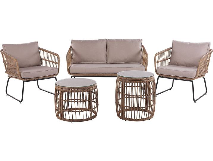 BELIANI Garten Set Hellbraun Polyrattan Sofa 2 Stühle 2 Couchtische Auflagen in Beige Garten Terasse