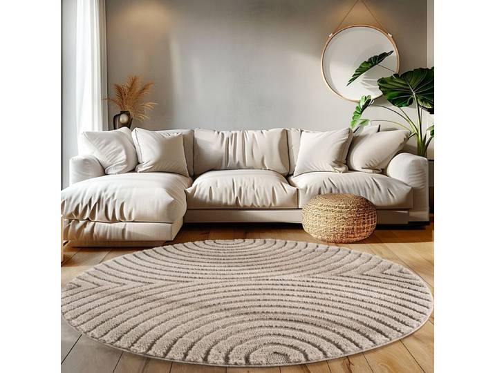 Teppium Tapis rond 160 cm Beige shaggy poils longs effet relief doux moelleux style scandinave bohème moderne robuste déco chic