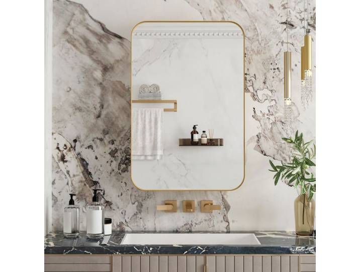 WOVREO Armoire de Salle de Bain avec Miroir 76x51x12 cm murale ou encastrée 2 étagères en verre réglables dorée