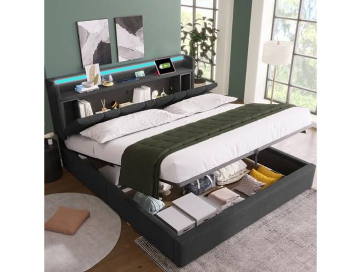 Merax Polsterbett Doppelbett 140x200 cm mit USB Ladefunktion & Steckdose, LED Beleuchtung Kopfteil, Stauraumbett mit Regal & Lattenrost, Bettgestell mit Holzlatten, Grau (Ohne Matratze)