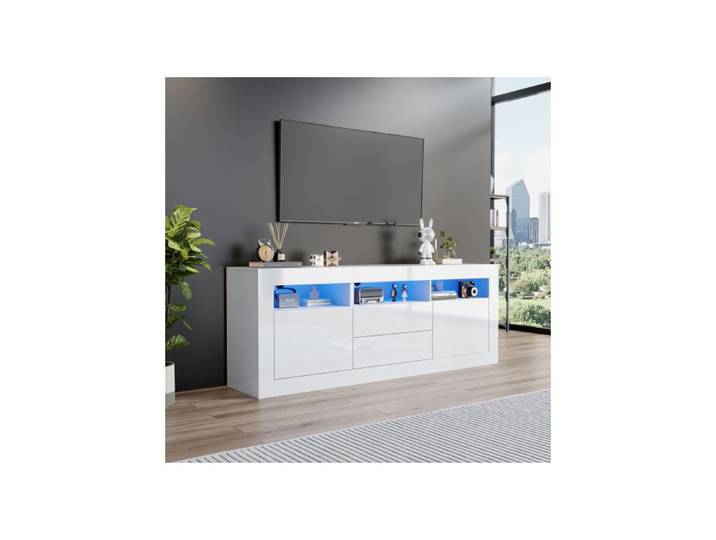 Meuble TV - MUVOE - 160x35x60cm - Brillant - Éclairage LED - 3 compartiments ouverts