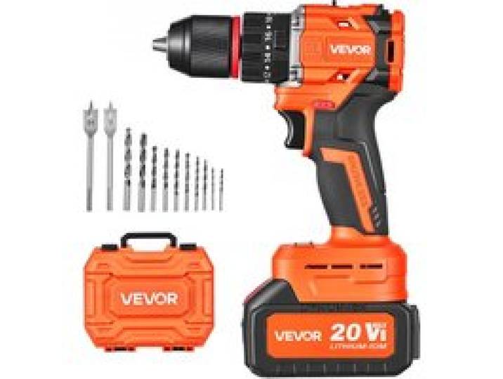 VEVOR Akku-Schlagbohrschrauber 20V 12,7mm 30.000IPM 500U/min/2.000 U/min, zum Bohren in Holz & Metall sowie zum Schrauben, 4000-mAh-Lithium-Ionen-Akku & Ladegerät, mit Ganzmetall-Bohrfutter, 65 Nm