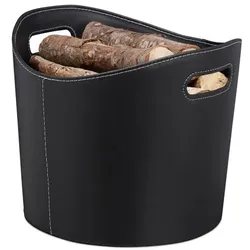 Relaxdays Kaminholzkorb Kunstleder schwarz Schwarz