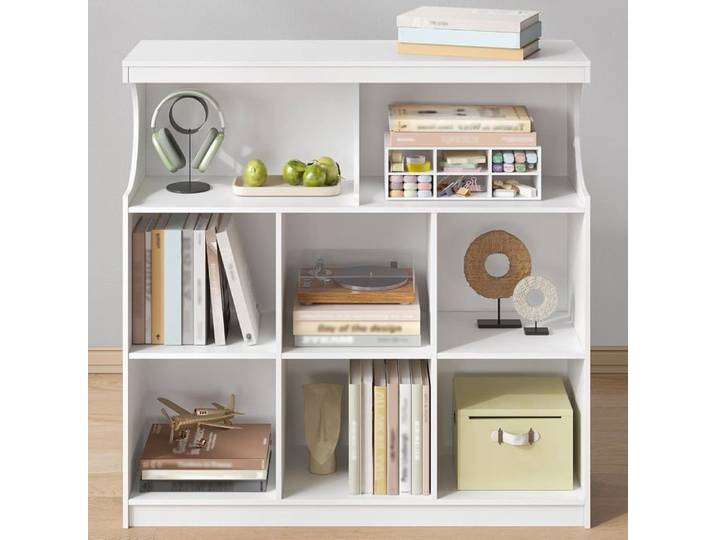 Bibliothèque étagère de Rangement Autoportante Blanche à 8 Compartiments avec étagères cubiques à rainures en U Blanc