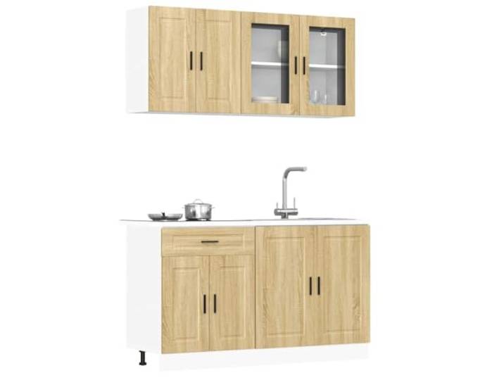 Küchenmöbel-Set 4-teilig Porto Eiche Sonoma aus Spanplatte Porto-Serie, Spanplatte und Glas, verstellbare Füße, Wandbefestigung im Lieferumfang enthalten, Tischplatte und Waschbecken