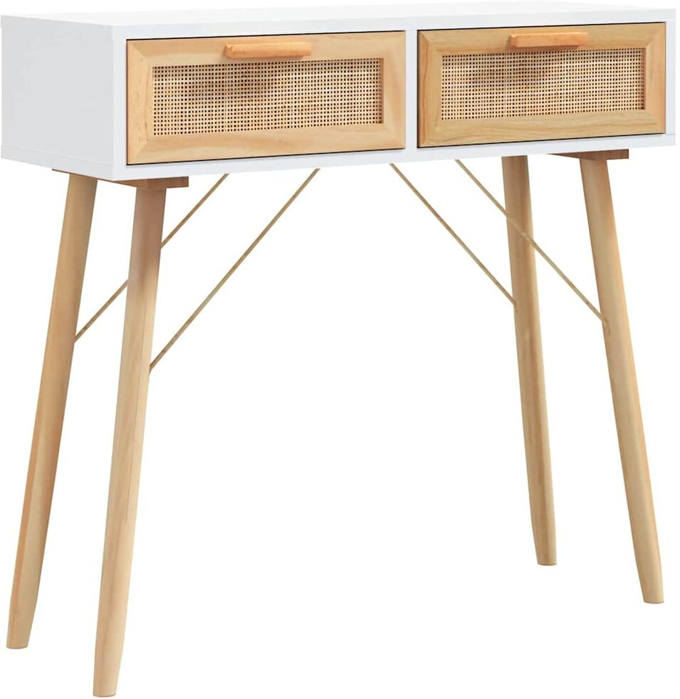 vidaXL Mesa consola madera pino maciza blanco ratán natural 80x30x75cm Blanco