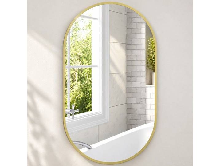 Miroir de salle de bain ovale mural cadre aluminium montage vertical ou horizontal 40 x 70 cm doré