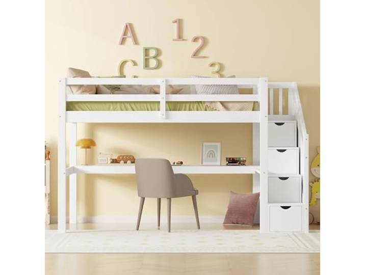 Idemon 90 x 200 Kinderhochbett mit Sicherheitsgitter, Schubladen und Unterbetttisch 242 * 95 * 150cm (Weiß)