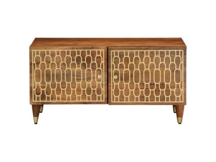 Couchtisch 80x50x40cm Massivholz Mango Nachtschrank, Tür, dekorative Tischplatte, Füße aus Eisen, Retro-Stil, handgeschnitztes Blumenmotiv