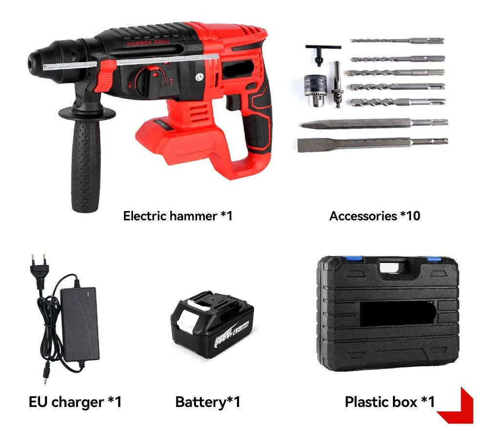 Selius Elektrische Combihamer met 2000W vermogen, accu en accessoires - Rood
