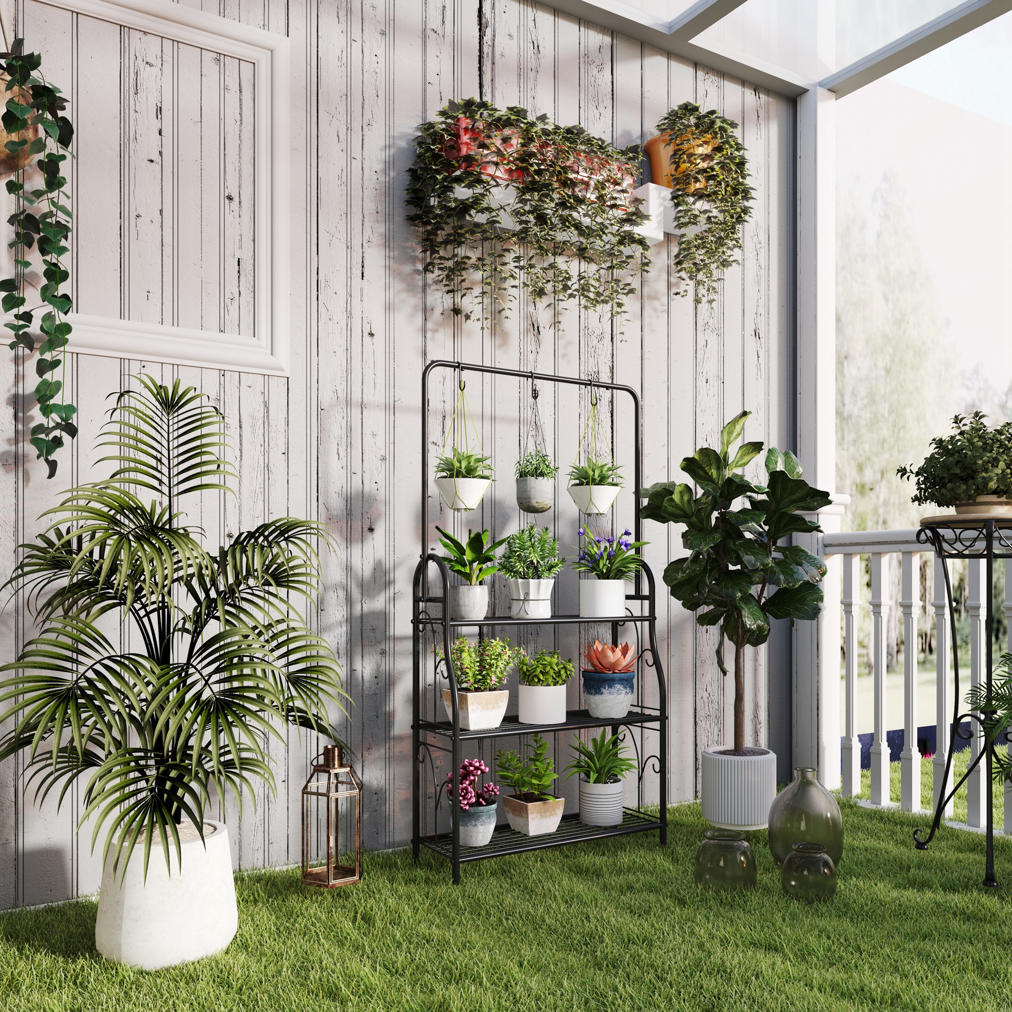 Outsunny Portapiante a 3 Livelli con Barra Appendiabiti e Ganci, Scaffale in Metallo per Fiori e Vasi, per Interno ed Esterno, Balcone, Soggiorno, Camera da Letto, Nero   Aosom Italy