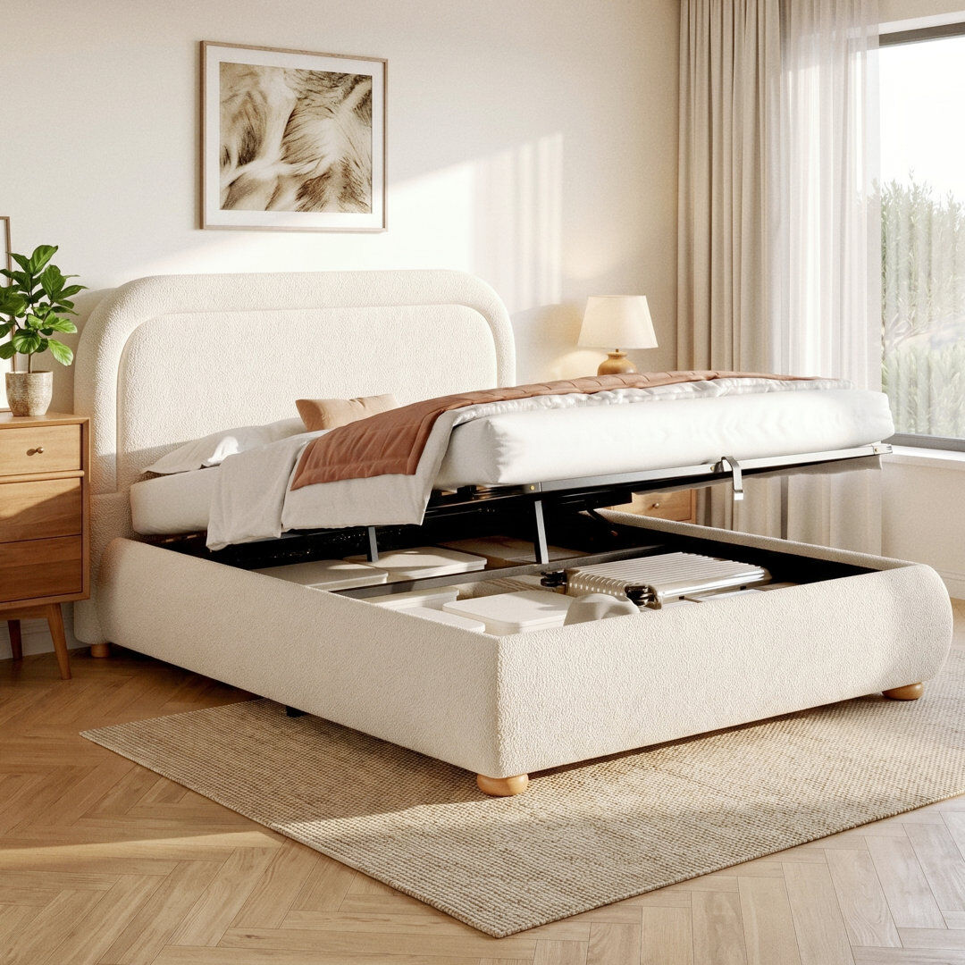 Brayden Studio Upholstered Boucle Lift Up Storage Ottoman Bed Beige 4ft6
