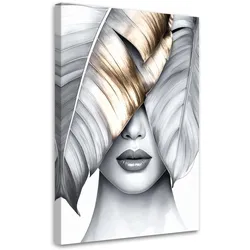 LEINWANDBILD Frau und silberne und goldene Bananenblätter 70x100cm