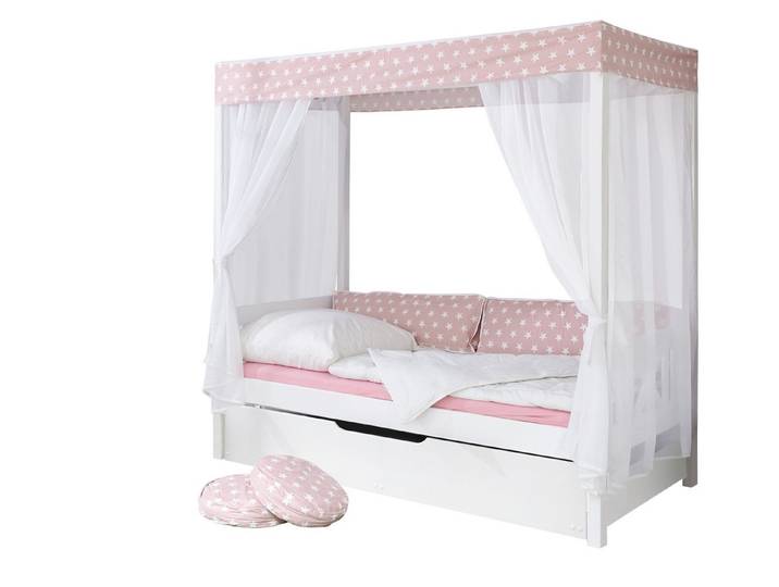 Ticaa Himmelbett Himmelbett Rosa 310 Kiefer Weiß (Rosa/Weiß, Oberer Teil abnehmbar und als Einzelbett stellbar