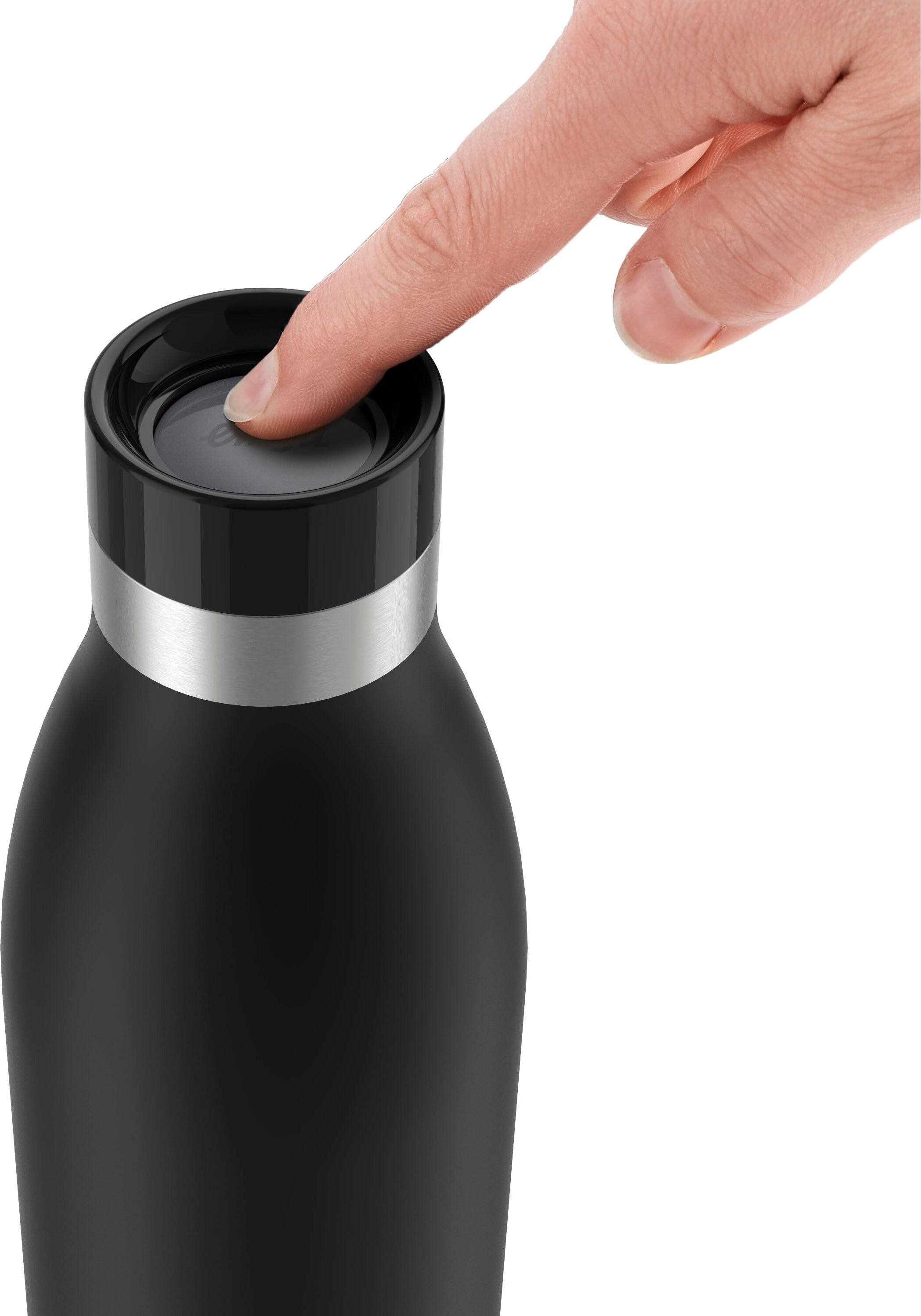 Isolierflasche EMSA "Trinkflasche Bludrop", schwarz, H:26,1cm, Edelstahl, Trinkflaschen, Isolierflasche, Edelstahl, Quick-Press Deckel, 360 Trinkgenuss, 12h warm/24h kühl