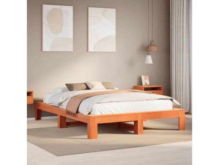 RJPLMFV Bettgestell, 160 x 200 cm, Kiefernholz, Massivholz, Braun Lattenrost inklusive, robuste Füße, rustikaler Stil, ohne Matratze