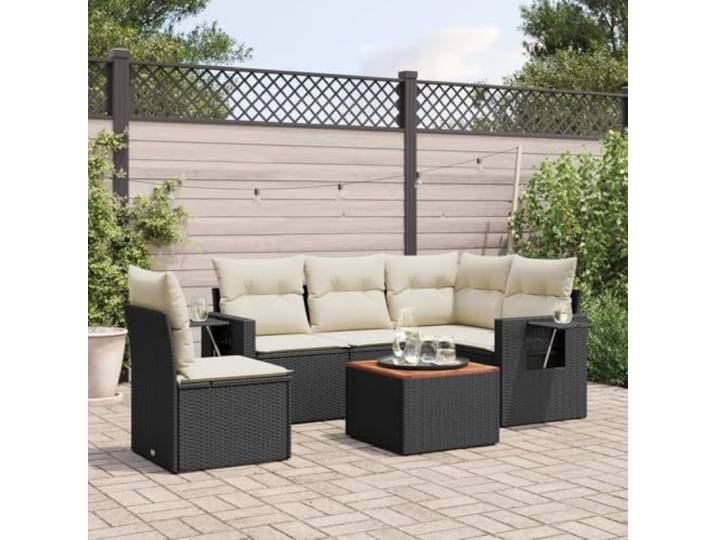 KTHLBRH Gartenmöbel-Set 6-teilig mit schwarzen Kissen aus Polyrattan Modular mit Couchtisch, Sitzflächen mit wasserdichter Aufbewahrung, Tischplatte aus Akazienholz, für Terrasse und Terrasse