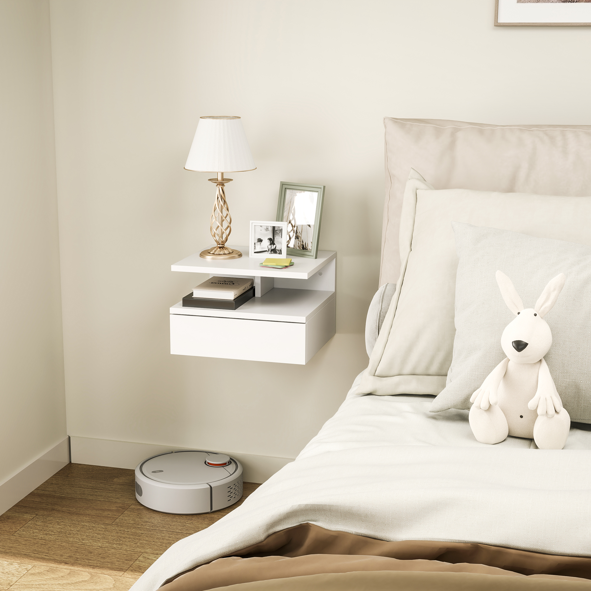 Homcom Comodino Sospeso per Camera da Letto con Cassetto e Mensola in Legno, 35x32x22.5cm, Bianco