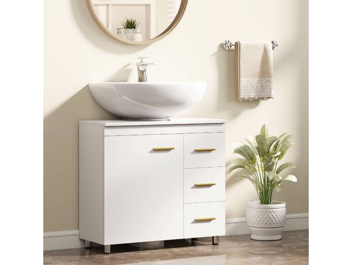 HOMCOM Meuble Sous-Lavabo Blanc 70x30x65cm avec 3 Tiroirs