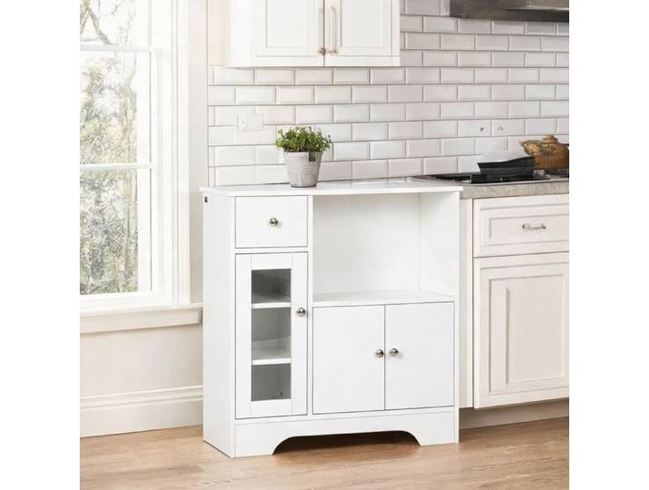 Buffet bas 2 portes 1 tiroir panneau de particules mélaminé blanc 80x30x82 cm niche ouverte et porte vitrée