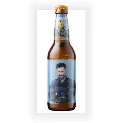 Einladungskarte 50. Geburtstag: Bierflasche mit Fotos in Blau