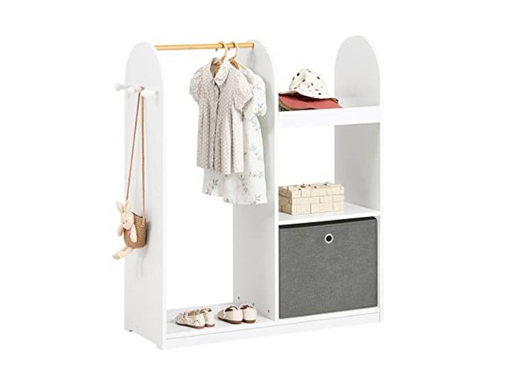 SoBuy Kinderkleiderschrank mit 3 Haken Kindergarderobe Kleiderschrank Kinderzimmer Kinder Kleiderschränke mit Boxen Kleiderständer Kinder Regal Kinderzimmer Weiß 97x108x35cm KMB40-W