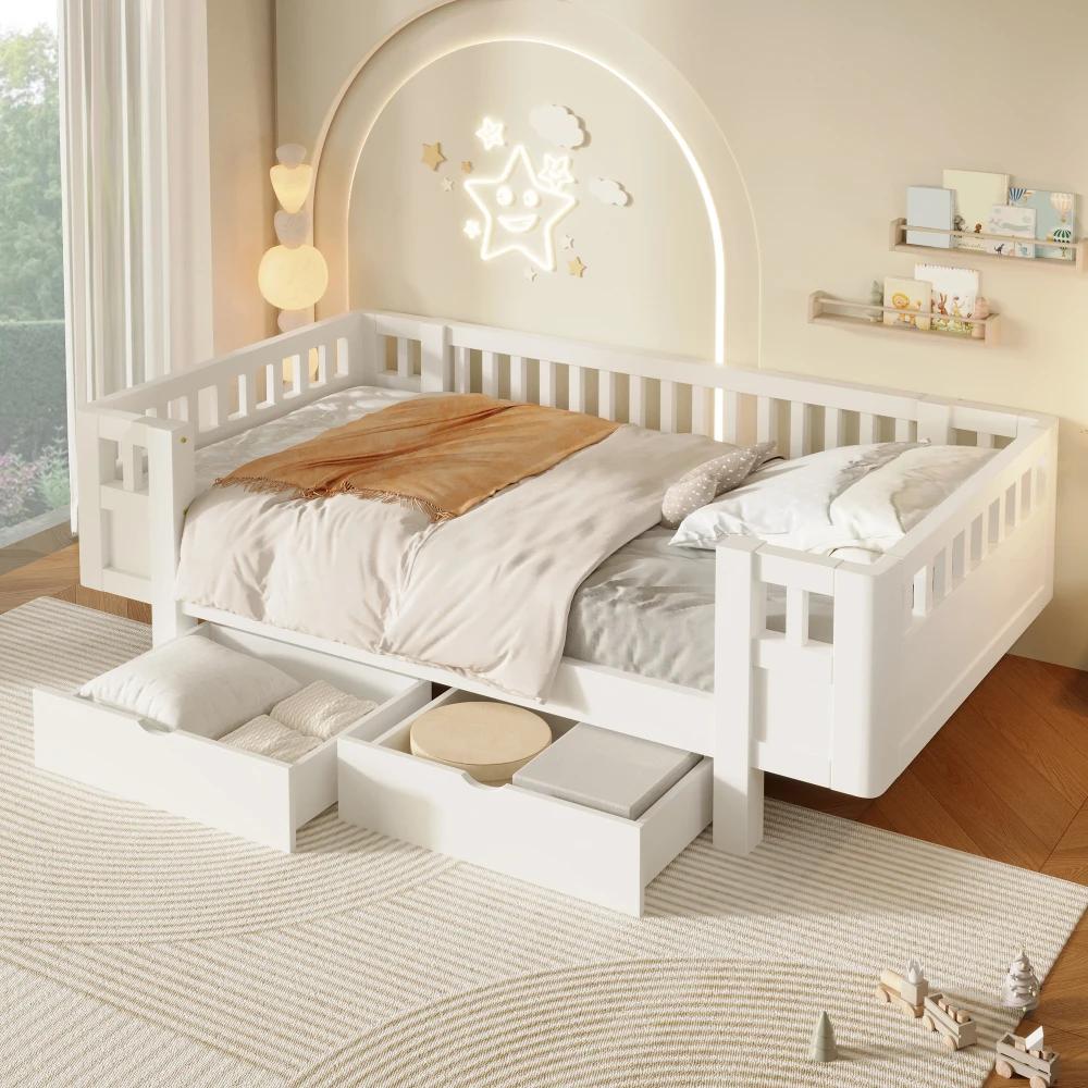 Plattformbett - Einzelbettgestell - 90 x 200 cm - Hohes Schutzgitter - Seitliches Sicherheitsgitter - 2 große Schubladen - Niedriges Bett - Weiß