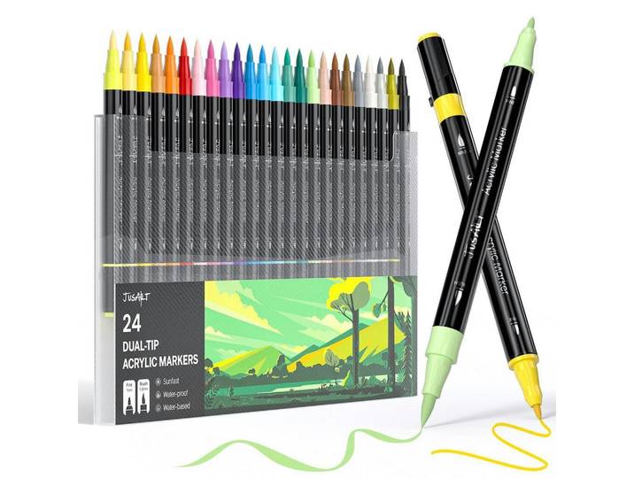 Acrylstifte 24er Set Doppelspitze Wasserfest, Mehrfarbig, Kunststoff, 1x1x15 cm, Dekoration, Malbedarf & Bastelbedarf