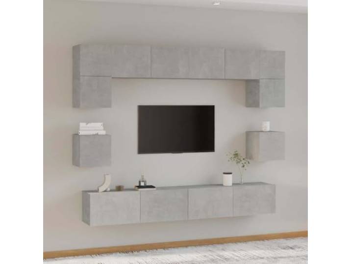 HEFZGDB 8-TLG. TV-Schrank-Set Betongrau Holzwerkstoff mit viel Stauraum und praktischen Türen für Wandmontage, Robustes Material für Medienorganisation und Wohnzimmeraufbewahrung.