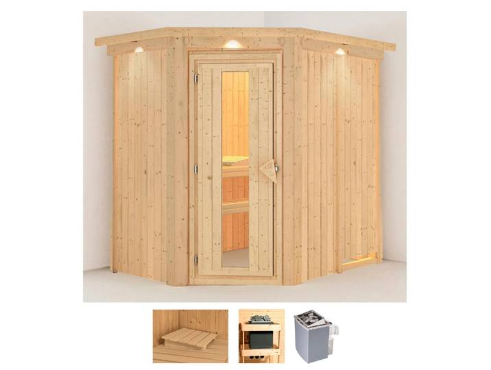 Sauna KARIBU Clara , beige (naturbelassen), Saunaofen, integrierte Steuerung, 9 kW, Saunen, Sauna, 9 KW-Ofen mit integrierter Steuerung