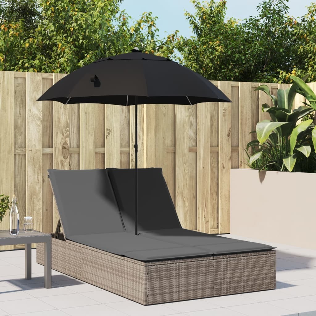 Maison Exclusive - Doppel-Sonnenliege mit Kissen & Sonnenschirm Grau Poly Rattan