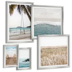 BILDER SET 5er Set - 50x50 cm & 20x30 cm & 40x60 cm Silberner Rahmen - Treppe, Strand, Meerblick, Schaukel