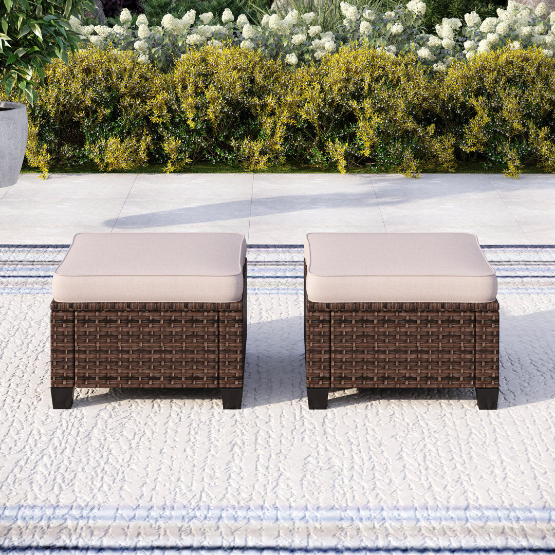 Blue Elephant Upholstered Outdoor Ottoman with Sunbrella® Cushion Beige 45cm H X 55.1cm W X 55.1cm D