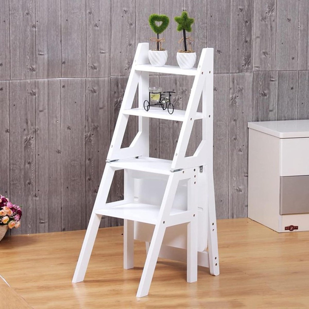 Merkloze Houten Ladderstoel - Opvouwbare 4-traps Kruk - Massief Hout - Naturel