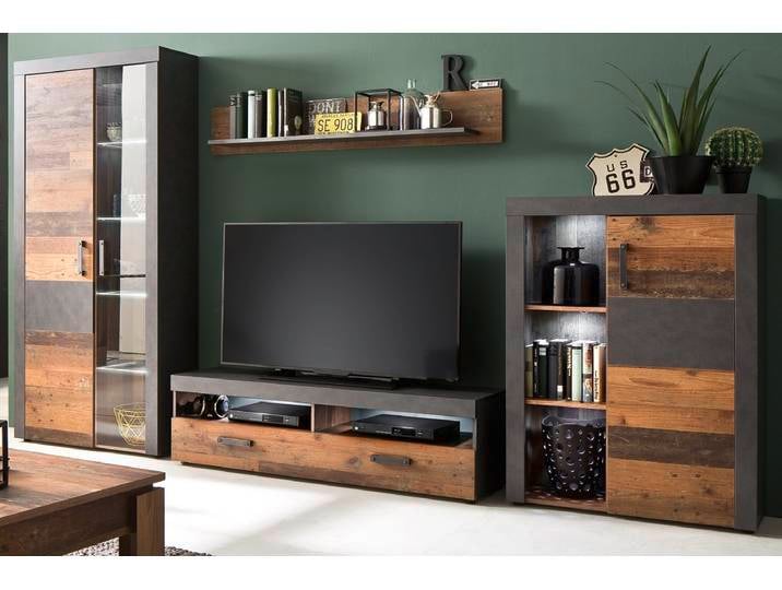 Wohnwand Indy , Old Used Wood / Matera grau , 4-teilig , Shabby Look