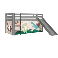 HOCHBETT mit Rutsche Karolina Massivholz Grau Textilset Dino