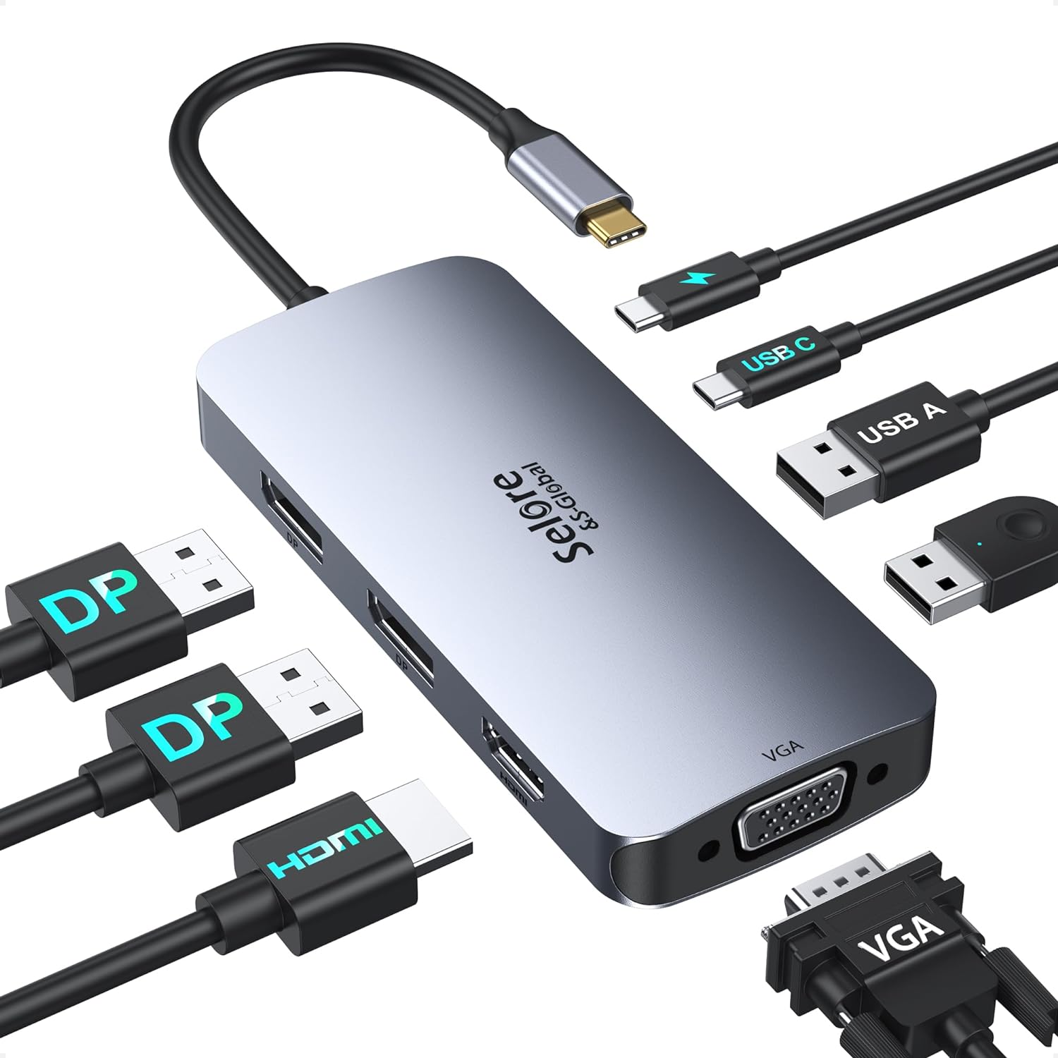 Selore USB C Docking Station Dual Displayport Monitor, USB C Hub Displayport with 2 DP, HDMI, VGA, PD Charging, USB A&C; 2.0 Ports Multi Monitors Adapter for Dell/HP/Lenovo, etc, Used - Good