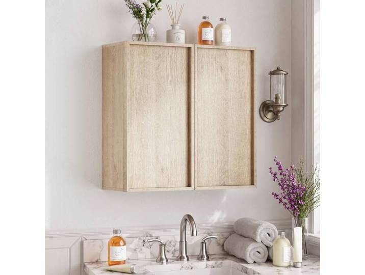 MEUBLIV Armoire murale de salle de bain 2 portes sans poignée décor chêne rangement fermé