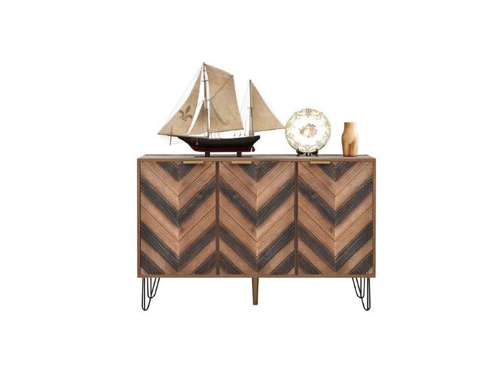 MODFU Sideboard Kommode mit 3 Türen und goldenen Metallgriffe (Sideboard), mit Fischgrätenmuster Dekor und Eisenfüße