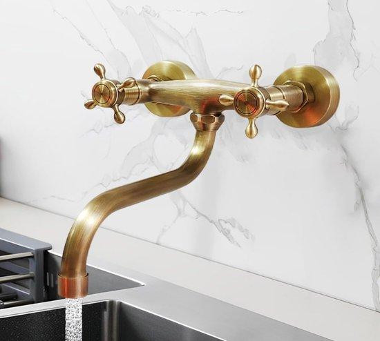 Retro Wandmontage Keukenkraan met Dubbele Greep en Draaibare Spout - Antiek Messing/Goud