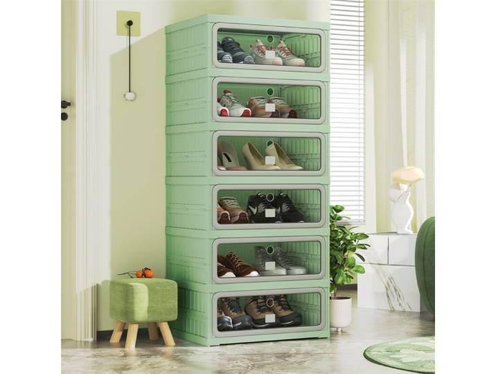 Meuble à chaussures - 6 niveaux - pliable - portes magnétiques transparentes PET - Armoire à chaussures - Vert et Gris