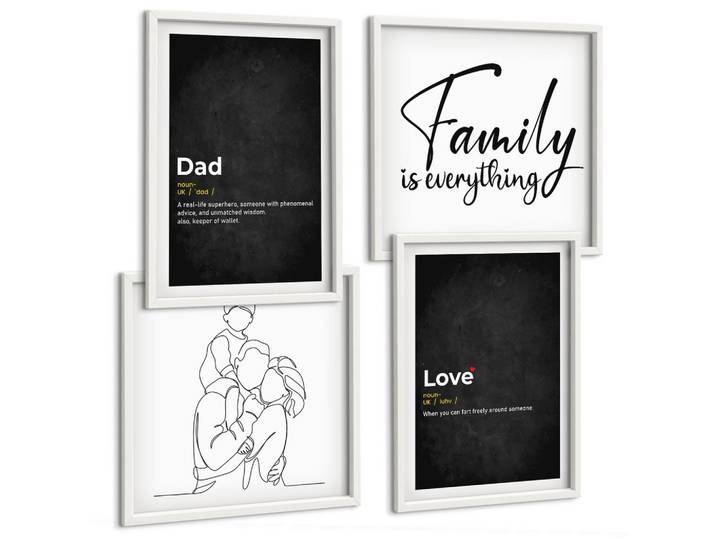 BILDER SET 4er Set - 50x50 cm & 40x60 cm Weißer Rahmen - Definitionen der Liebe in Familienzeichnungen