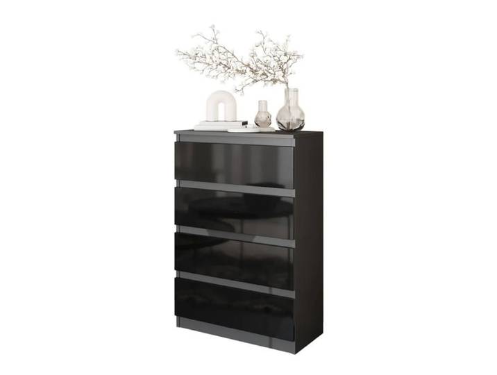 GABRIEL - Commode 4 Tiroirs - Table de Chevet Buffet - H92cm L60cm P33cm (Anthracite/Noir Brilliant)
