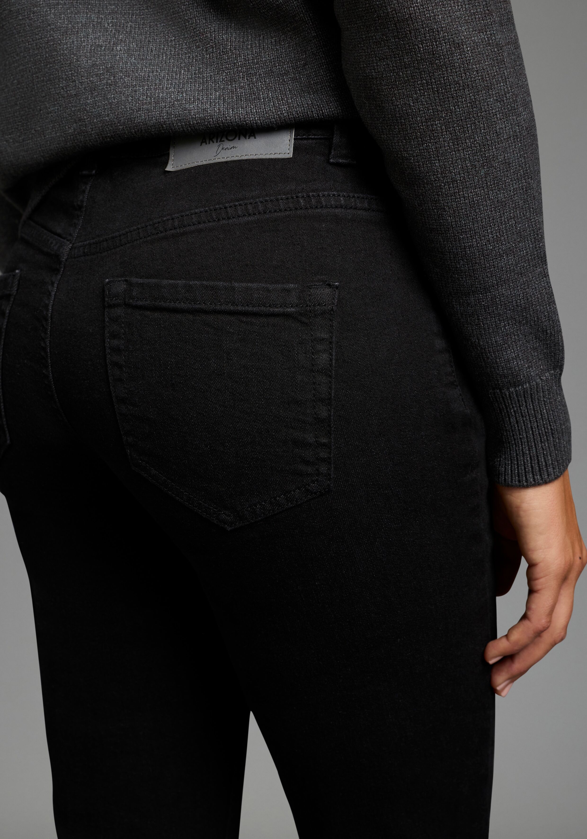 Bootcut-Jeans ARIZONA "Bund mit seitlichem Gummizugeinsatz", Damen, Gr. 24, K + L Gr, schwarz, Jeans, Obermaterial: 98% Baumwolle, 2% Elasthan, unifarben, Basic, bootcut fit lang, Jeans Bootcut-Jeans, hohe Leibhöhe, Bootcut, mit Stretch, klassischer 5-Poc