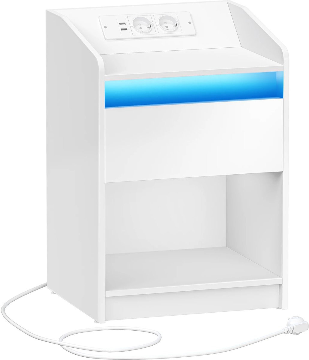 Wit Nachtkastje met LED-verlichting, Stopcontact en USB-poort